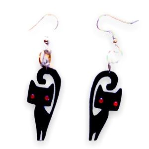 New Black Cat Handmade Artisan 3D Printed S925 Sterling Silver Dangle Earrings